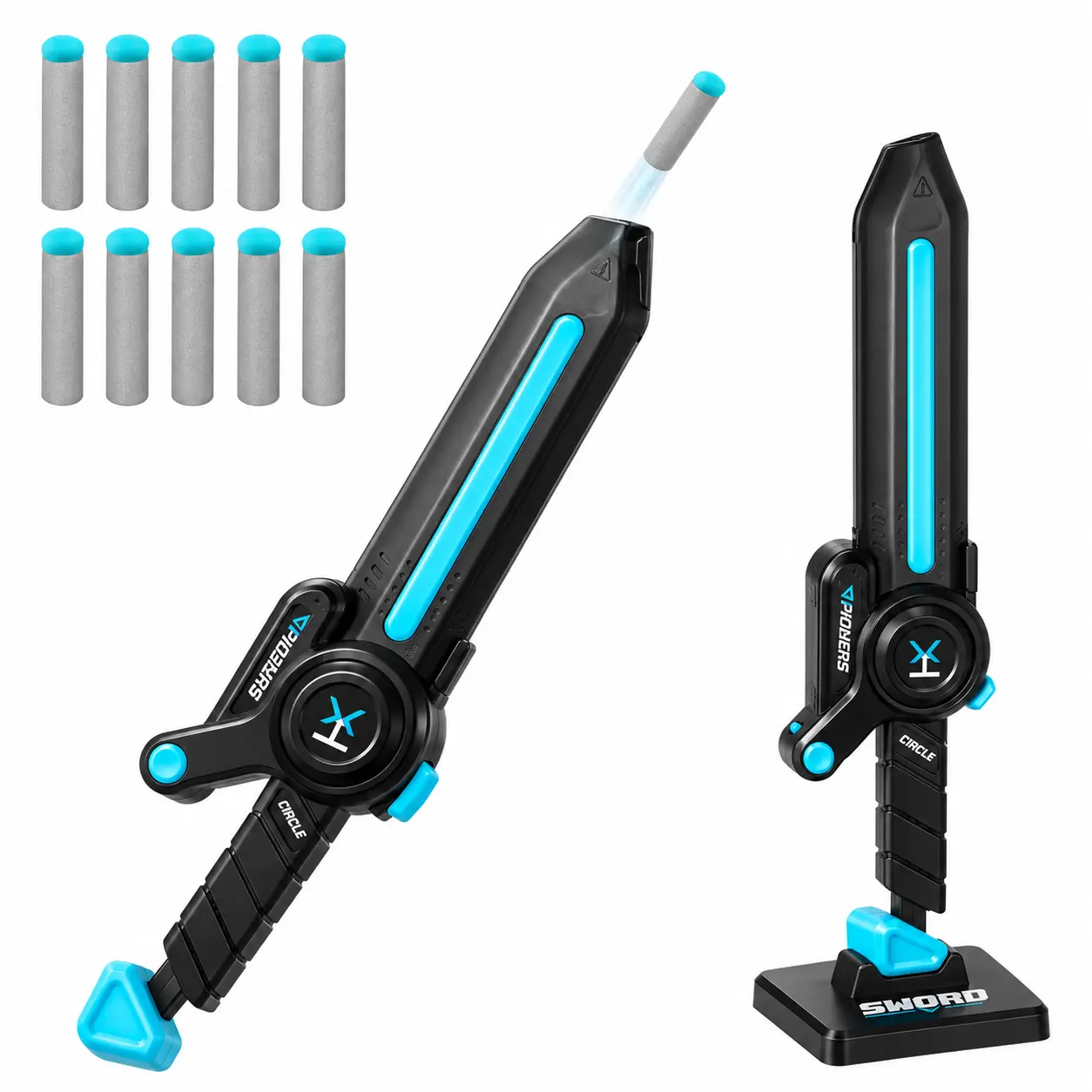 OUEYES 3-in-1 Light Up Sword for Kids, LED Toy Sword with Foam Dart Blaster, Pull-Back Launcher, Display Stand and 10 Soft Foam Darts, Role Play Gift for Boys and Girls