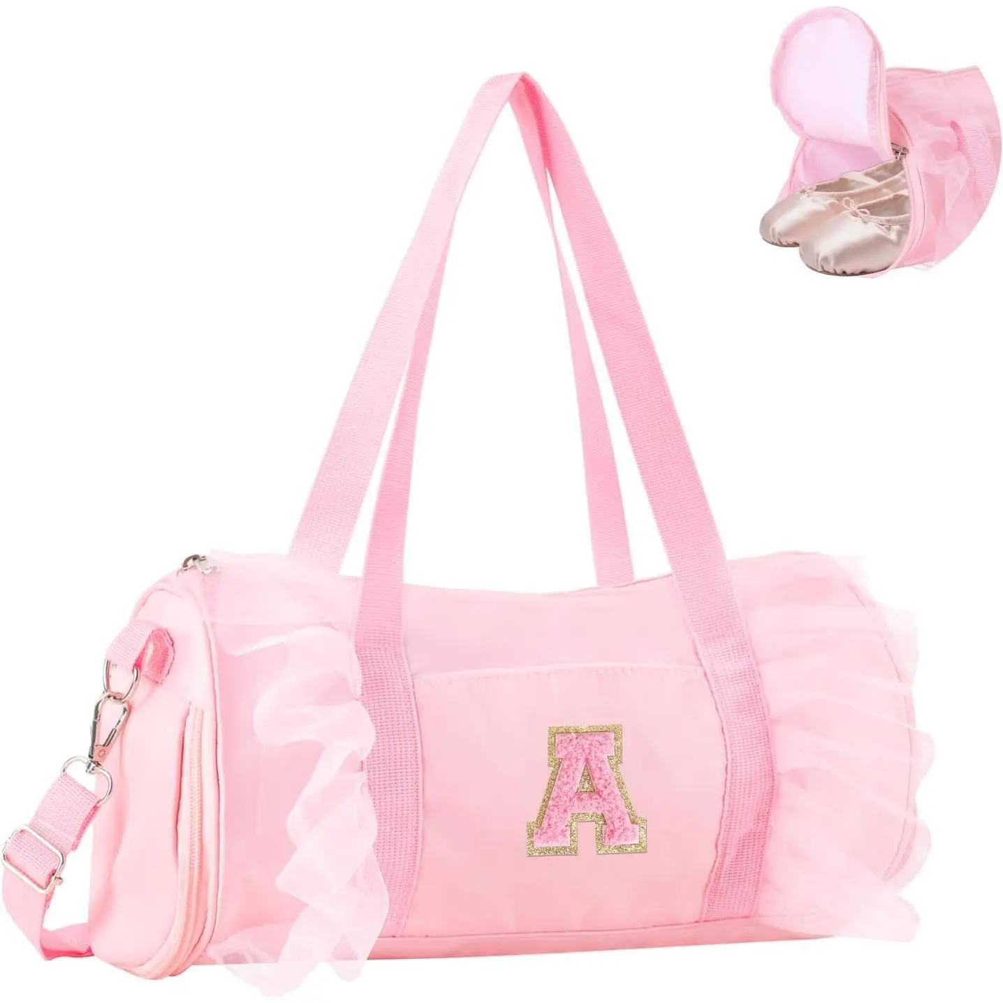 P-CPB04   Personalized Initial Dance Bag for Girls, Small Lace Gym Sport Yoga Cheer Dance Bags Gift for Teen Girls, Cute Letter Kids Ballet Bag Zipper Toddler Travel Duffel Tote with Adjustable Straps(Pink-A)