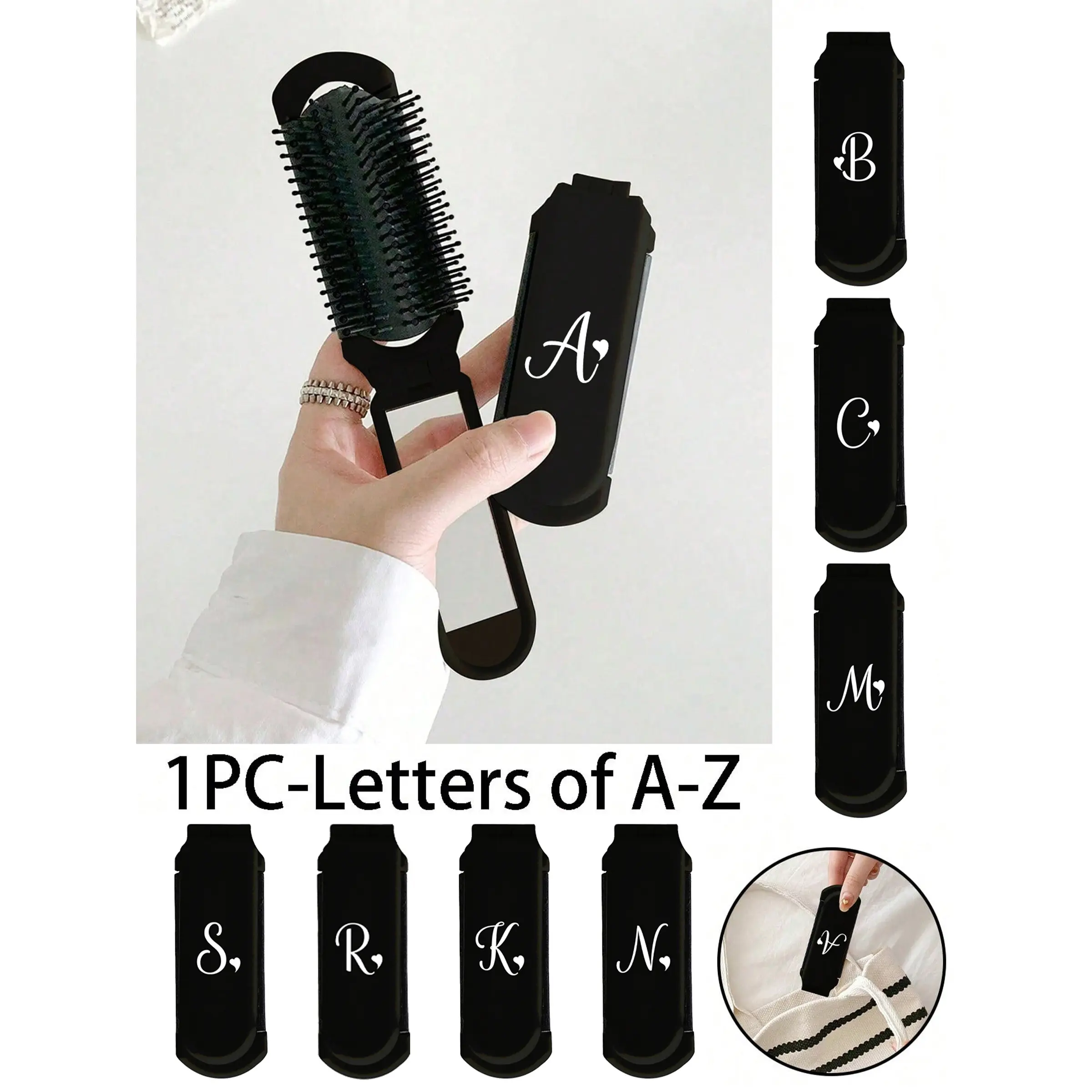 Balck 2-In-1 Foldable Hair & Makeup Mirror – Portable, Tabletop, Foldable 180 °,Contemporary Beauty Tool For Travel,Alphabet Letter And White Heart Shaped Artistic Initials A-Z Pattern,Folding Comb With Makeup Mirror, Easy To Carry,For Travel Outgoing Use