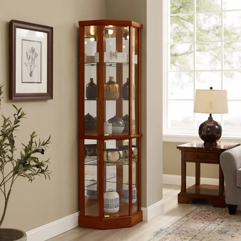 Bellemave 6-Shelf Corner Acrylic Glass Display Cabinet - Indoor Cupboard Furniture with Adjustable Tempered Shelves, Mirror Back, Modern Oak Natural Grain Interior, Cherry Finish, Corner Wall Cabinets