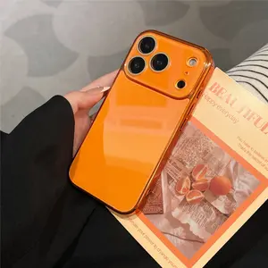 Skin-Feel Crystal Clear Case for IPhone 17, 16, 15, 14, 13 Pro Max – Soft TPU Bumper + Hard PC Back – Full Lens Coverage – Cute, Minimalist, Orange