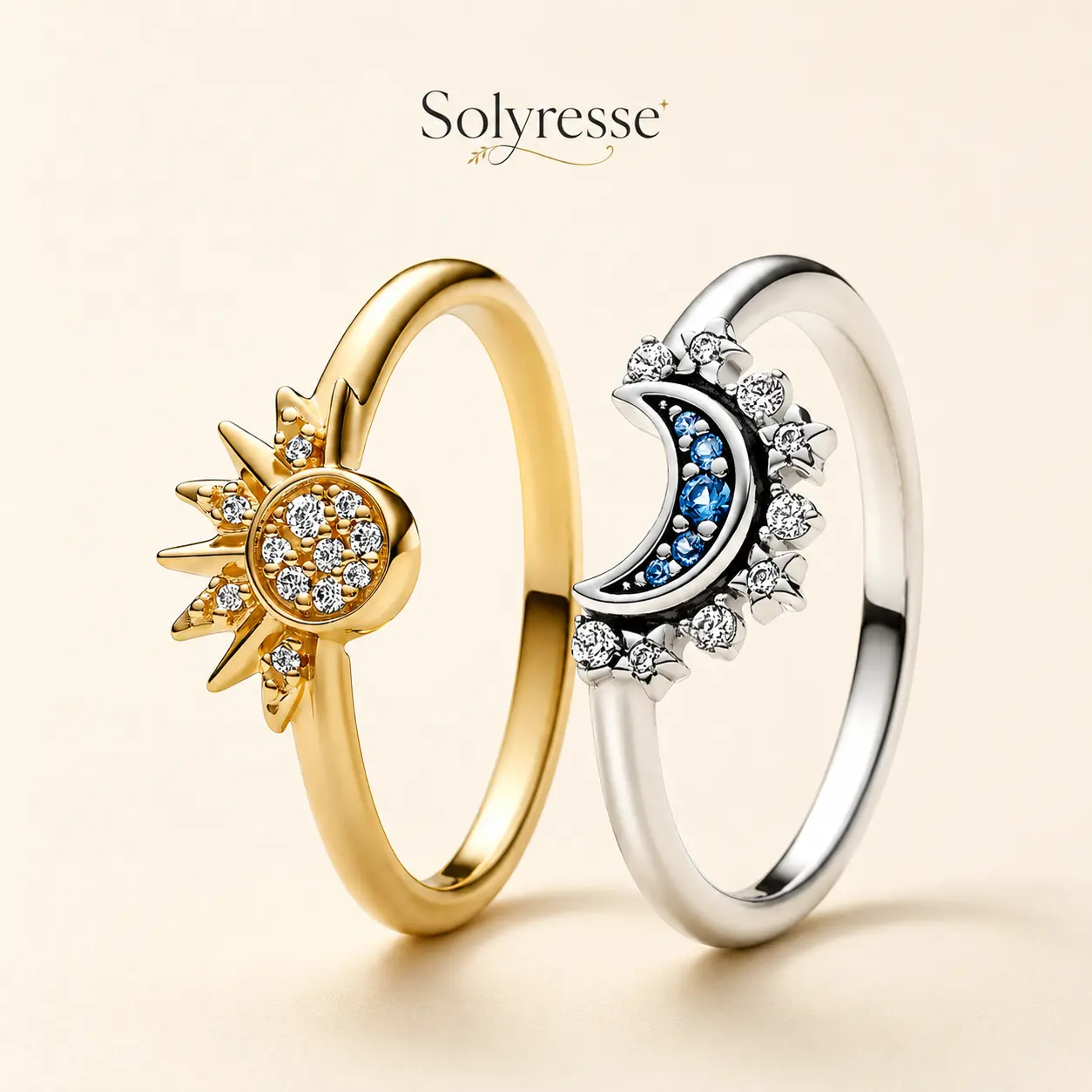 Solyresse 18K Gold Plated Sun and Crescent Moon Ring Set for Women - 2-Piece Stackable Celestial Rings in Gold and Silver Tone - Boho Witchy Jewelry