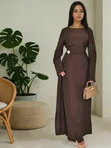 Muslim Women Plain Simple Dress with Back Tie, Waist Cinching, Decorative Buttons, Perfect for Friend Gatherings & Casual Occasions, Modest Muslim Outfits