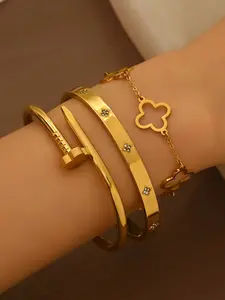 Women's Stainless Steel Bangle Bracelet Set, Chain & Flower Design Jewelry, Perfect Gift for Mom, Mother's Day, Birthday, Party Wear