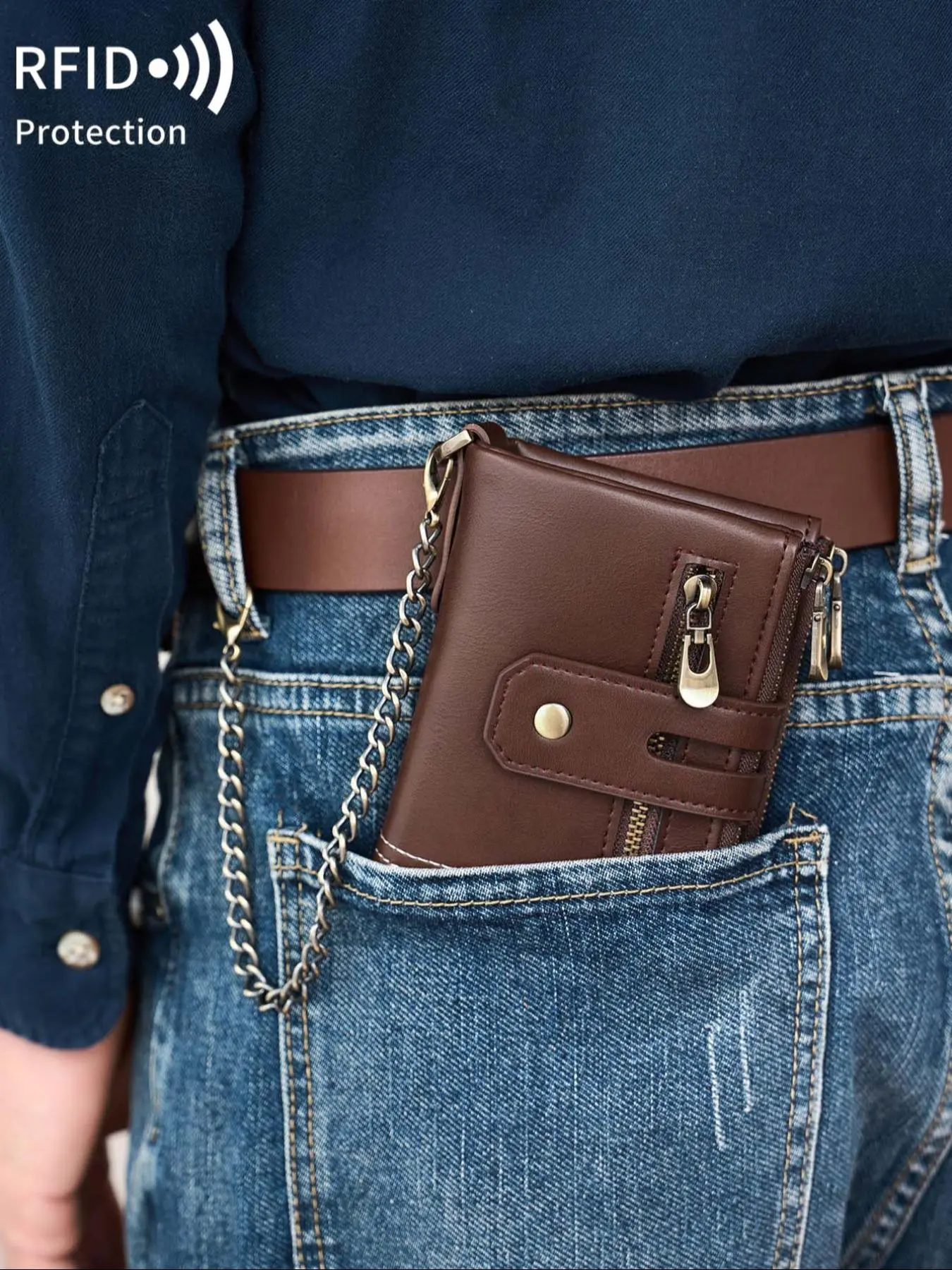 Men's Casual Plain Color Wallet with Chain, Short Wallet, RFID Blocking Card Holder, RFID Protected Wallet, Double Zipper Coin Purse, Anti-theft Wallet, Ideal Gift for Men