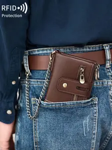 Men's Casual Plain Color Wallet with Chain, Short Wallet, RFID Blocking Card Holder, RFID Protected Wallet, Double Zipper Coin Purse, Anti-theft Wallet, Ideal Gift for Men