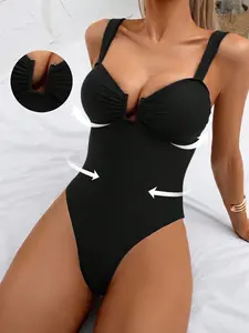 Women's New Style Solid Color V-Neck Backless Bodycon One-Piece Swimsuit, Perfect for Beach Sea Pool