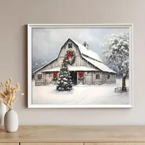 2D Flat 30*40 Inch Framed Christmas Canvas Wall Art, Christmas Rustic Red Barn Poster Canvas Paintings, Ideal Gift For Bedroom Living Room Corridor, Wall Decor, Winter Decor, Room Decoration