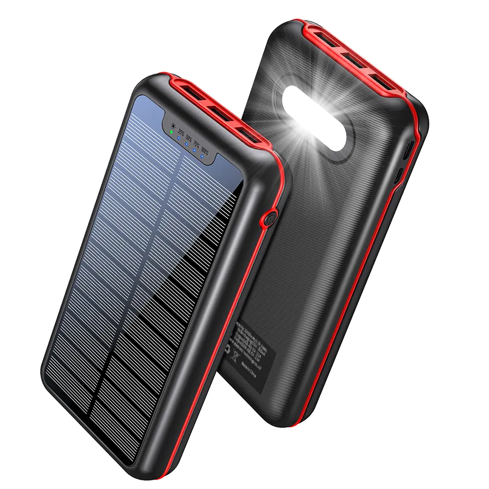 Ultra 30000mAh Solar Power Bank — Portable charger for phones with 3 USB‑A outputs and built‑in light, essential for camping and outdoor use, compatible with Apple and Android phones
