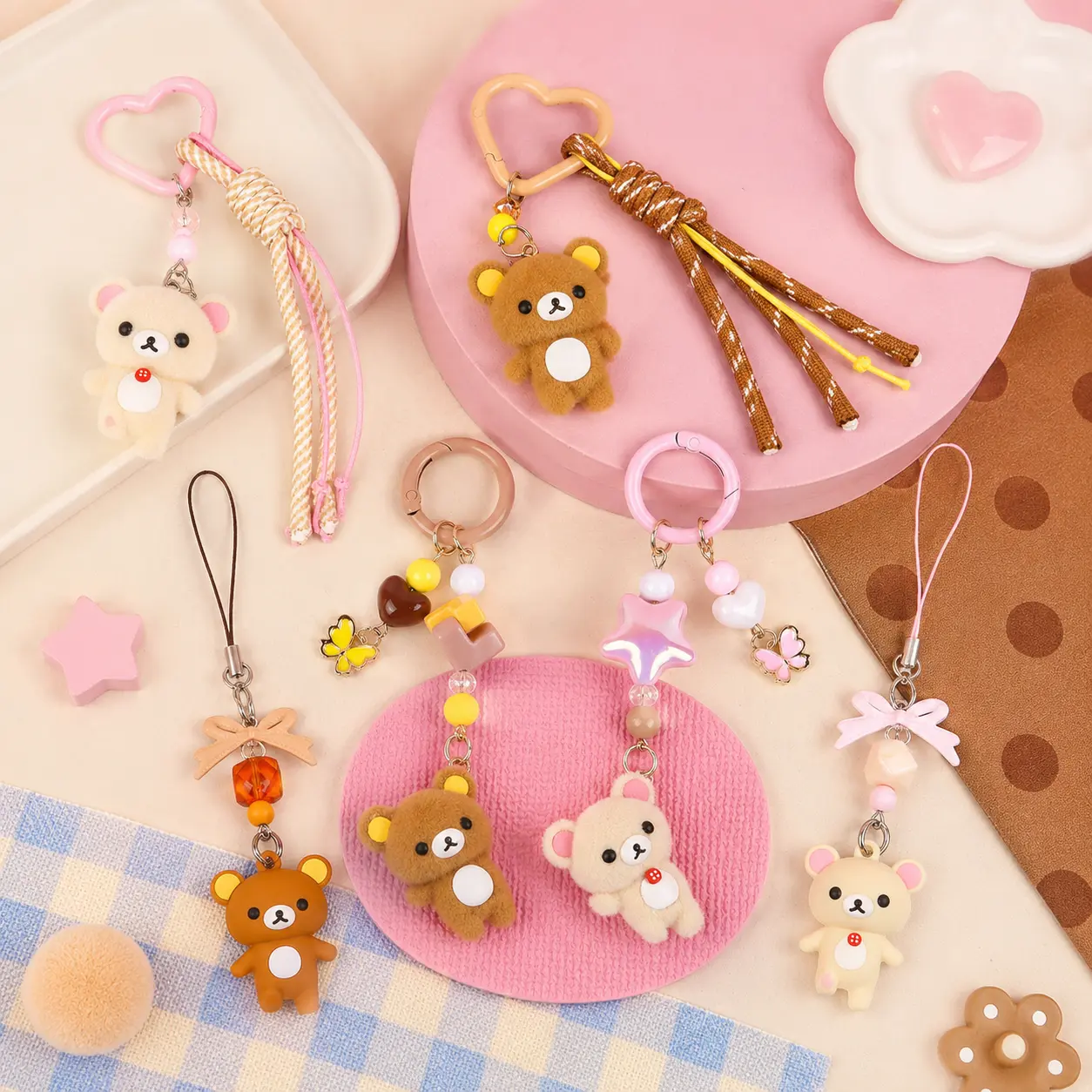 [Back to school]MINISO x Rilakkuma Mini Couple Keychain Charm | Cute Interlocking Bag Pendant for Backpack, Purse & Gift Sharing，Back To School