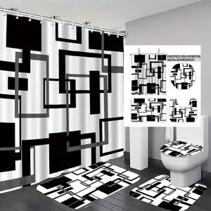 4Pcs Abstract Striped Shower Curtain Set with Non Slip Rugs, Toilet Lid Cover and Bath Mat,  Home Interior Bathroom Decor Bathroom Set,Bathroom Decoration Accessories with 12 Hooks, Shower Essentials, Bathroom Accessory, Restroom Bathroom Accessories