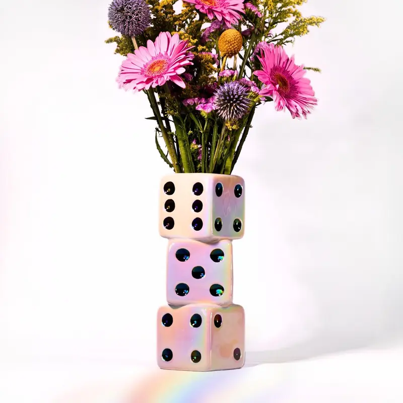 Reimagine Discovery Iridescent Triple Dice Ceramic Vase- Perfect for Entryway or Living Room.  Funky Maximalist Decor