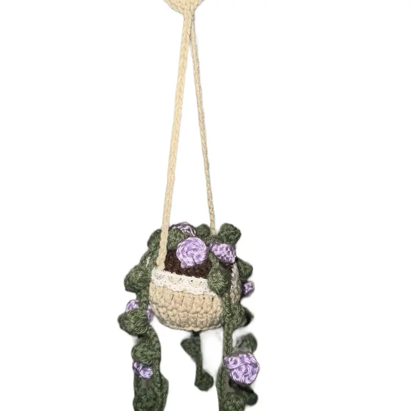 Crochet Mini String of Pearls Planters with Olive Colored Leaves and Rose Accents