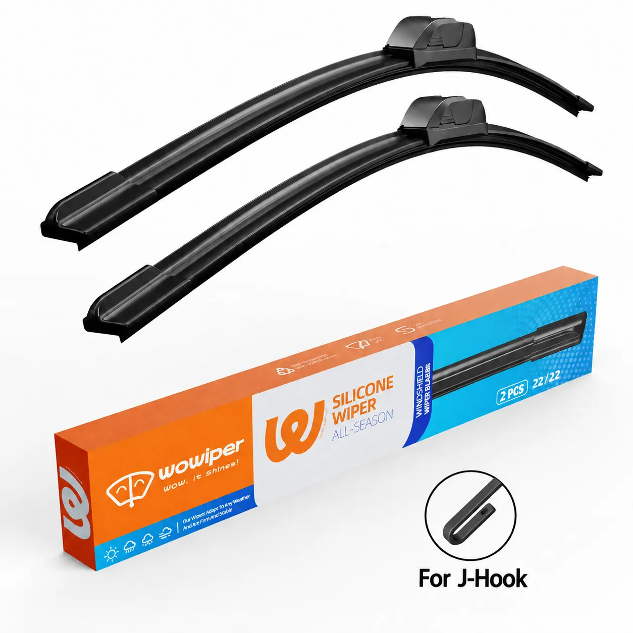 WOWIPER Frameless Beam Windshield Wiper Blades for J-Hook Arms - 2pack Spare Ready Automotive Parts, Vehicle Wipers, Auto Parts Accessories, Quiet Streak-Free, Easy Installation, Durable All-Weather Replacement
