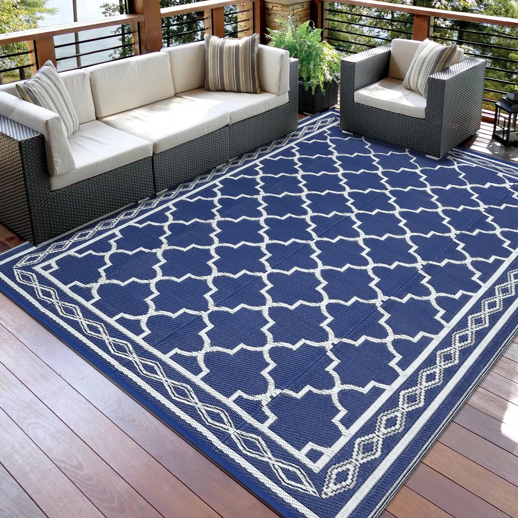 GARVEE Waterproof Outdoor Rug 8x10 Reversible Plastic Straw Mats, Modern Geometric Trellis Carpet, Large Contemporary Diamond Indoor Outdoor Patio Rug for RV Camping Picnic, Dark Blue/White