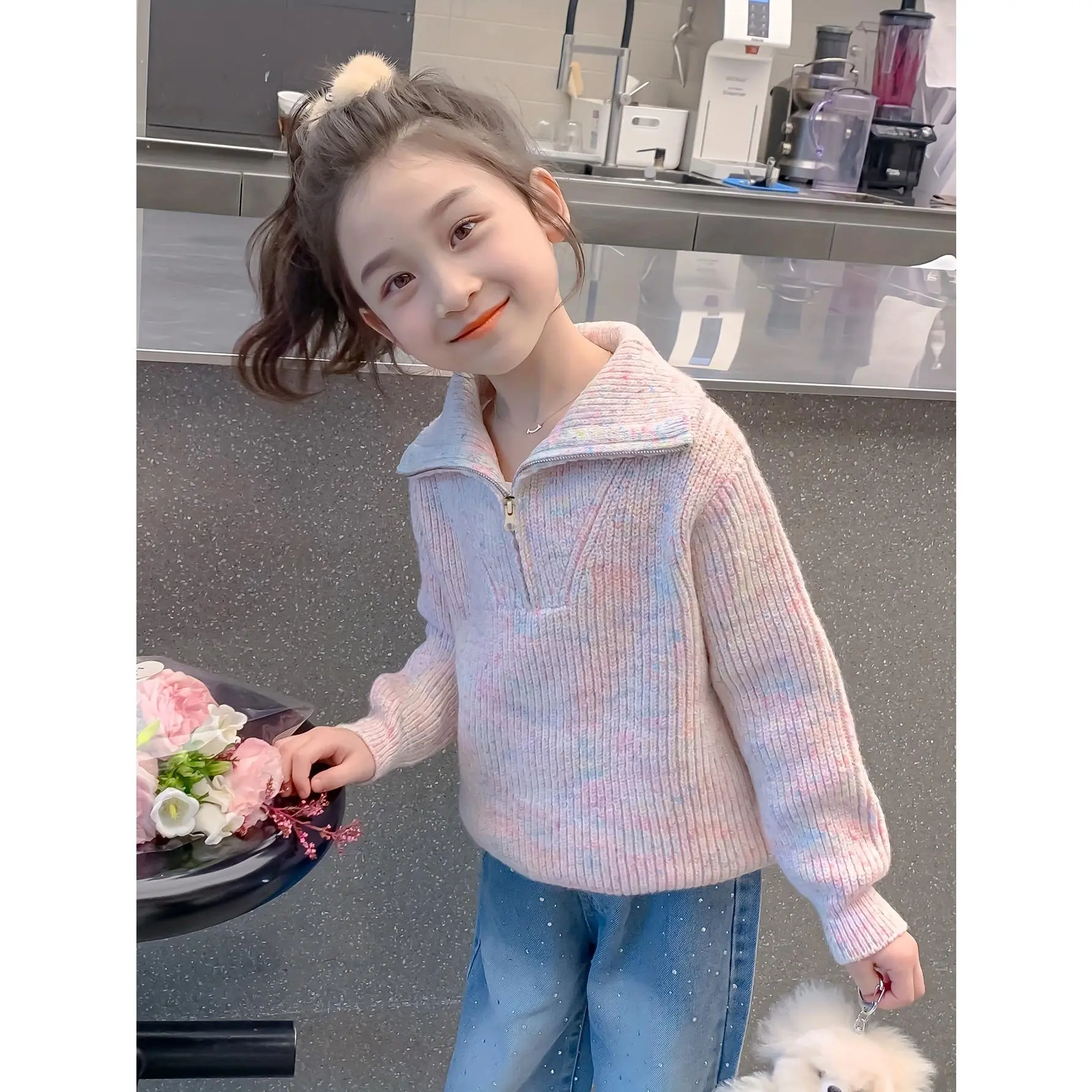Girls' Quarter-Zip Pullover Sweater - Casual Colorblock Knit 94.7% Polyester-Elastane Blend Top with Lapel, Regular Fit, Hand Wash Only for Everyday Wear