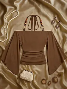 Boho Beaded Batwing Sleeve Top, Vintage Hippie Style, Casual Round Neck T-Shirt, Fashionable and Sexy, Aesthetic, Chic, Fit, Tropical, Perfect for Beach Vacation, Womenswear