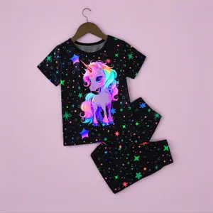 Girls' Spring, Autumn, Summer 2-Piece Set: Luminous Cute Unicorn Pattern Round Neck Pullover T-Shirt Short Sleeve Top + Fluorescent Starry Sky Print Elastic Waist Jogger Pants Long Pants Cute Style Pants Set, Girls' Pants Set, Suitable for Daily Casual Ou