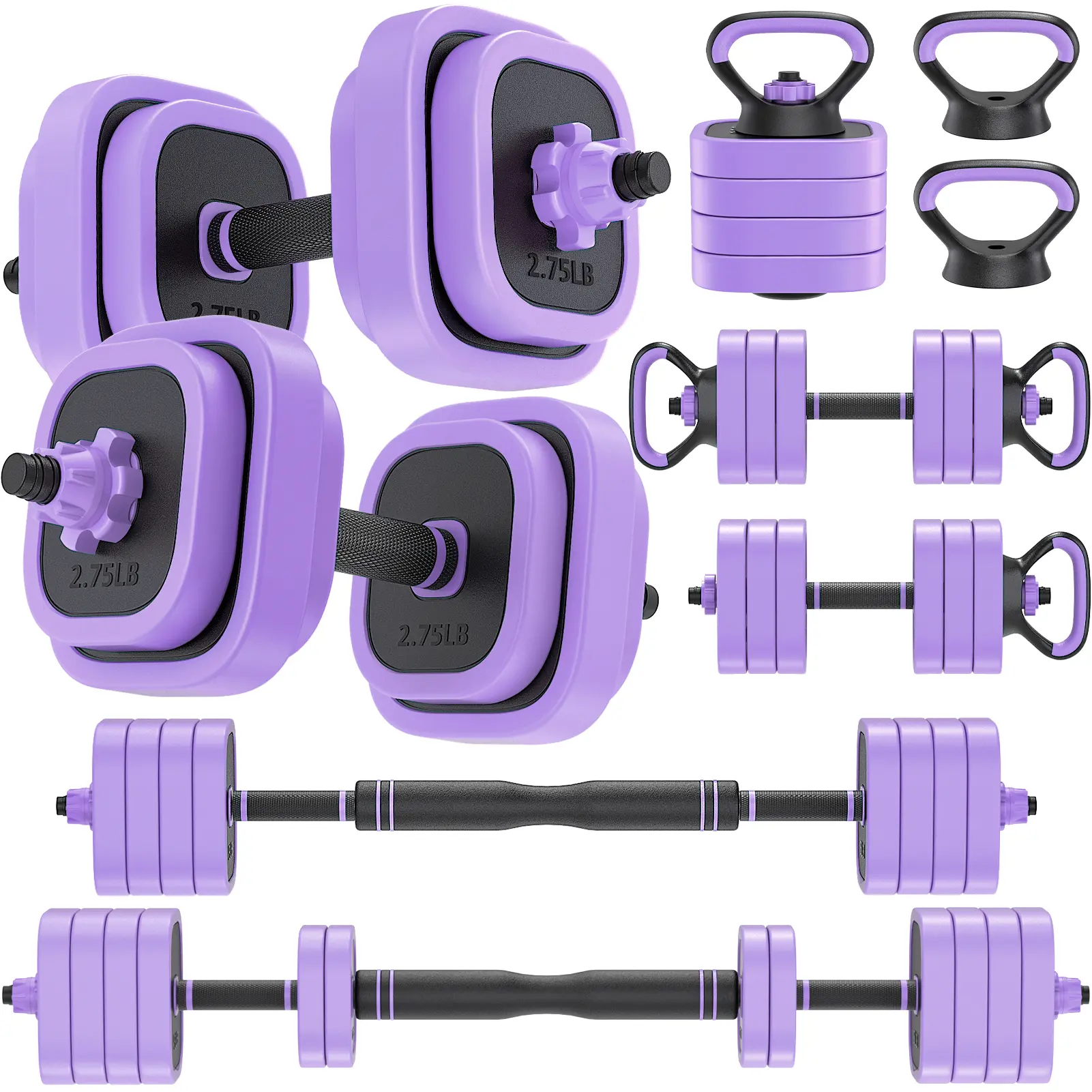 Bearbro Adjustable Dumbbells Set 45/65/85 lbs - 4-in-1 Free Weights with Connector, Convertible to Barbell, Kettlebell, Push-Up Stand - Pink, Purple, Orange Dumbbells for Women Men Home Gym Workout
