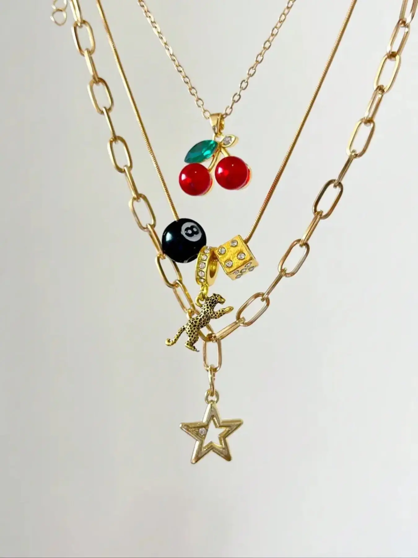 3 Piece Leopard Print & Cherry Necklace Set, Pool Ball Dice Pendant Necklace, Cherry Necklace, Fashion Star Necklace, Classic Leopard Print Necklace, Costume Jewelry, Fashion Accessories