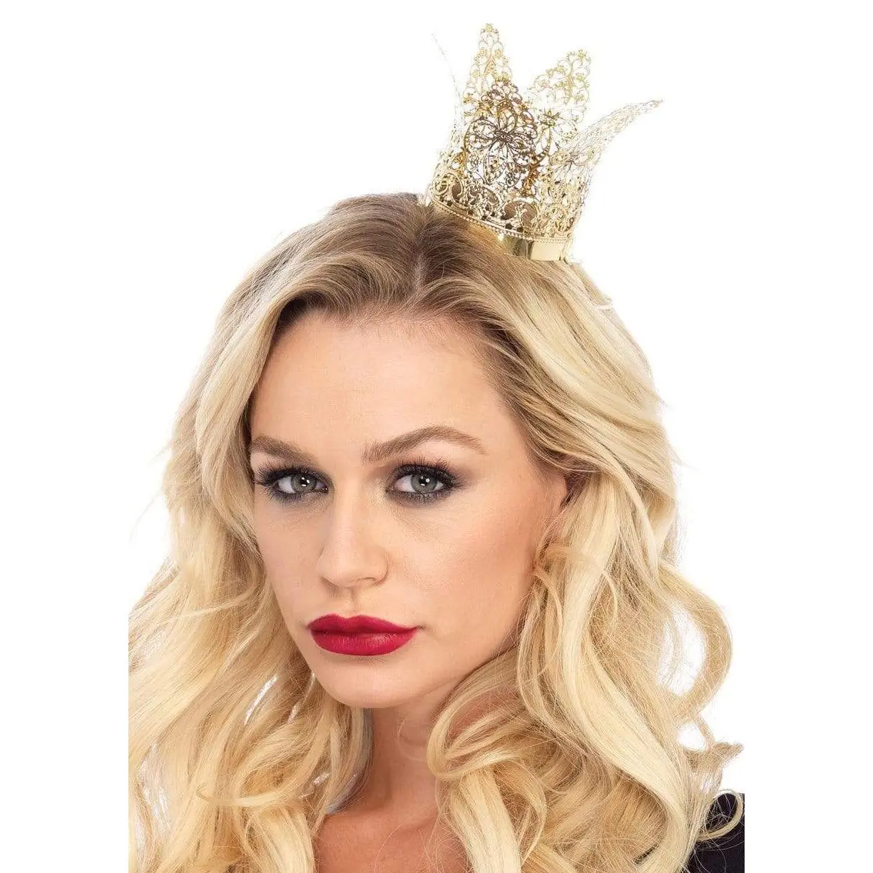 Gold Metal Filigree Mini Crown Headband, Royal Queen Costume Accessory for Adults & Teens with a Secure Elastic Fit, 1 Size Fits Most, One Size Fits Most Adults