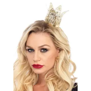 Metallic Filigree Mini Crown Headband, Queen Costume Accessory for Adults with Curved Tips and Secure Elastic Fit