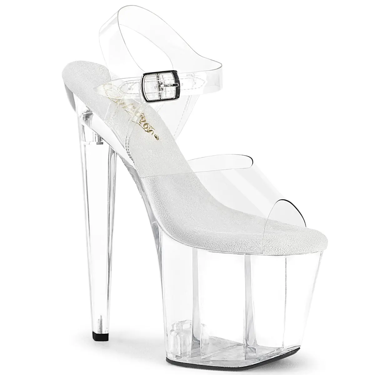 Pleaser Women's Razzle-808 Transparent Platform Sandal with 8-Inch Diamond Heel and Back Zip Closure, Ankle Strap, 3.5" Platform, 8" (200Mm), 8" Diamond-Shaped Heel