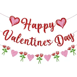 Happy Valentine's Day Banner,with Glitter  Heart Rose Garland, Valentines Party Decorations for Indoor , Wall, Mantel & Photo Backdrop