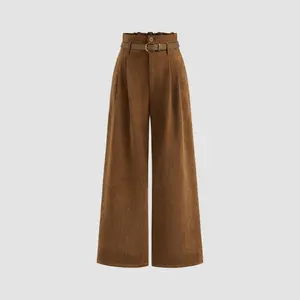 Cider [2 colors, size 0-10] Corduroy High Rise Solid Pleated Wide Leg Trousers With Belt