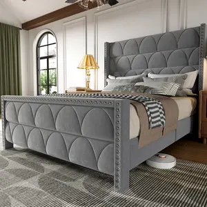Queen Size Bed Frame with 56" Headboard 900 LBS Capacity Support Velvet Upholstered Wingback Platform Noise Free Sturdy Wooden Slat Support