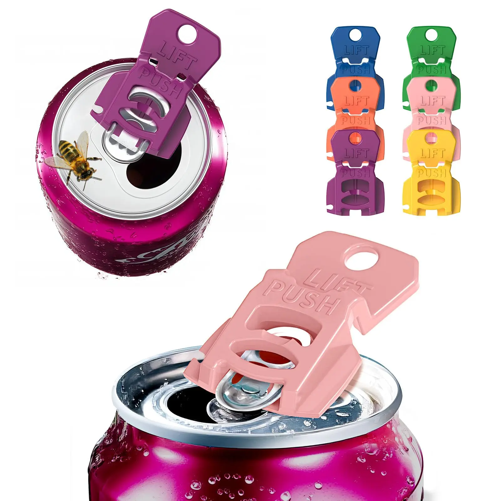 6PCS Colorful Can Tab Openers & Leak-Proof Drink Covers – One-Hand Soda Can Opener and Reusable Protector Caps for Coke, Beer, Soda, and Aluminum Cans for Parties, BBQ, Camping & Travel(New model)