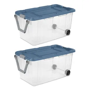 Sterilite Extra-Large Wheeled Rugged Storage Bin, 160 Quart Durable Clear Storage Container with Latching Lid and Pull Handle, Blue, 2 Pack