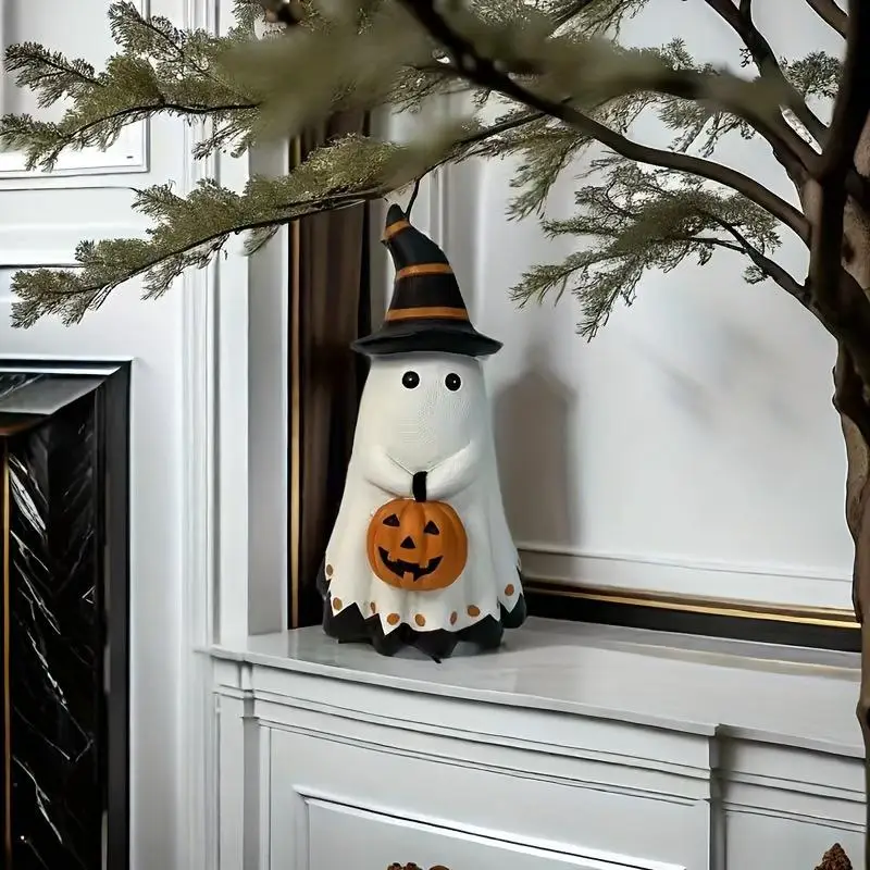 Whimsical Halloween Pumpkin Statue with Witch Hat, Durable Resin Decoration for Home & Garden, Festive Halloween Decor