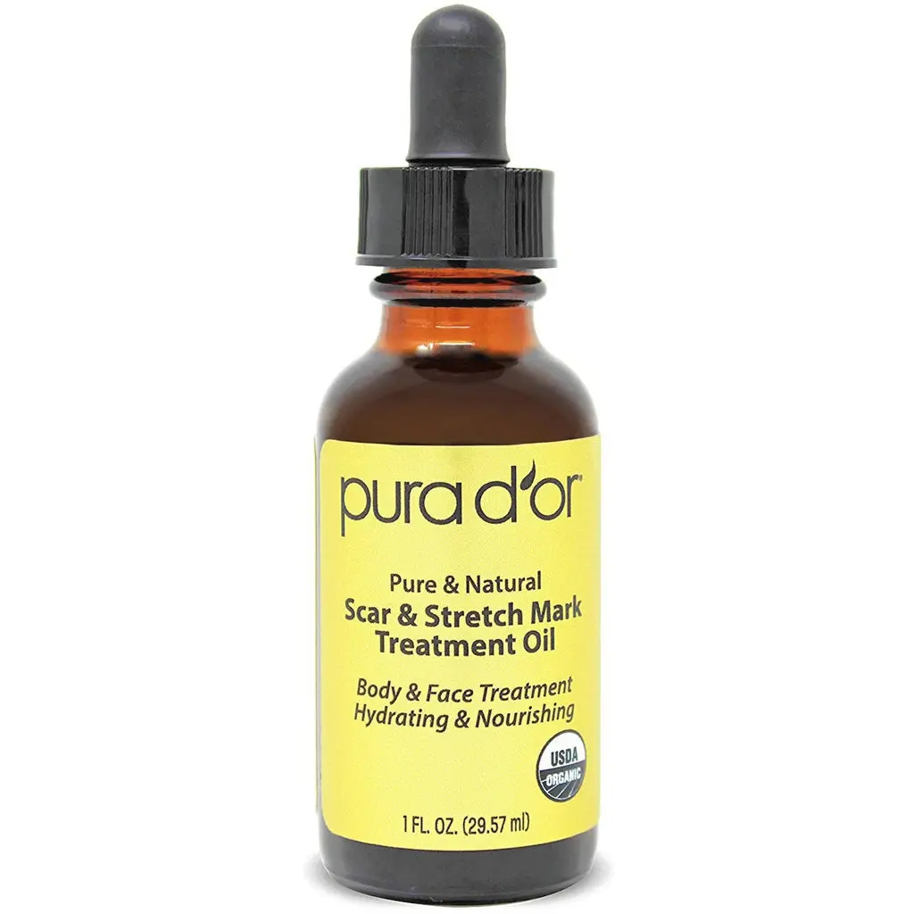 PURA D’OR Scar & Stretch Mark Treatment Oil 1oz (29.57ml) –  Body Oil for Stretch Marks, Scars & Skin Repair with Rosehip, Argan, Tamanu & Carrot Seed Oil
