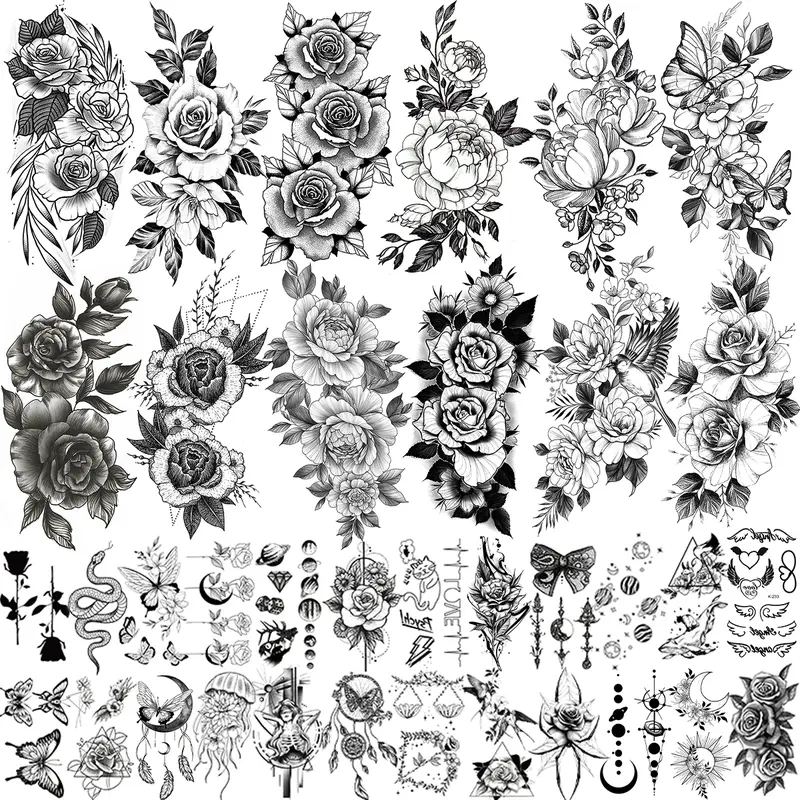 36 Sheets Long Lasting Flower Temporary Fake Tattoos For Women Arm Neck, Jellyfish Sunflower Moon Rose For Adults Girl, 3D Temp Realistic Snake Tatoo Stickers Serpent Peony Floral Kids