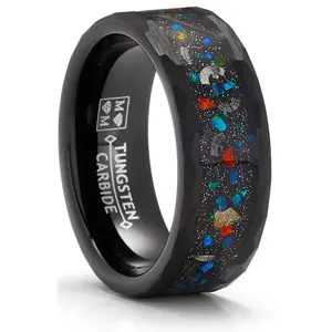 Men's Black Tungsten Ring Wedding Band Black Cluster of Stars Meteorite Inlay 8MM Comfort-Fit