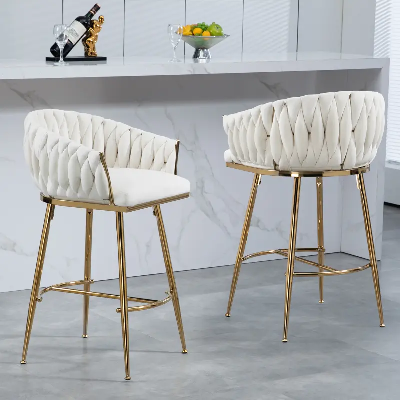 Modern Chairs - 26'' Beige Velvet Counter Height Kitchen Island Bar Stools with Hand-Wave Back, Golden Chromed Base, and Footrest