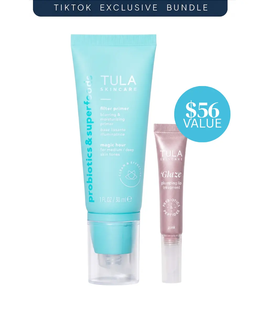 Tula TTS Exclusive Primer + Plump Bundle: Filter Primer (Magic Hour - Medium/Deep) & Pink 'Glaze Lip Treatment