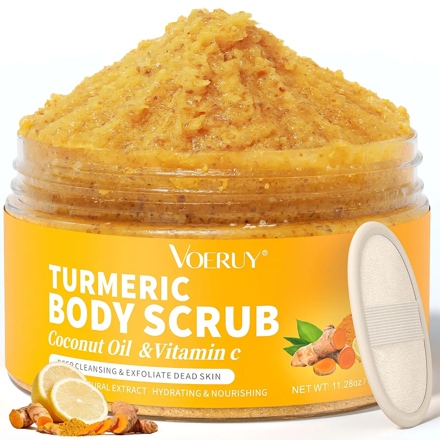 VOERUY Body Scrub, Turmeric Exfoliating Body Scrub, with Coconut Oil & Vitamin C, Bikini Area Exfoliator Gently Exfoliate Body Hand and Foot Scrub, Moisturized Skin for Women and Men, 11.28oz/320g Body Care Cosmetic