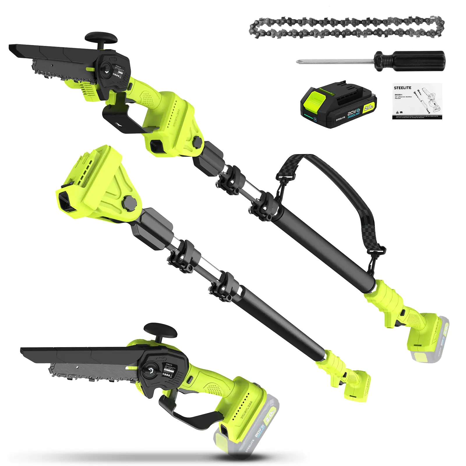 STEELITE 2-in-1 Cordless Electric Pole Saw-Chainsaw Combo, 6-in Brushless 21V with Battery & Extension Pole, 6in Clean Cuts Handheld Garden Tool for Tree Trimming, Ideal Gift for Men, Hiking/Light Outdoor Use