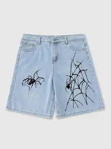 Men's Spider Web Graphic Print Light Wash Denim Jeans Shorts, Y2K Gothic Street Style Streetwear, High Street Style, Hip Hop Casual Loose Fit, Summer Daily Wear, Mid Waist Cropped Capri Pants