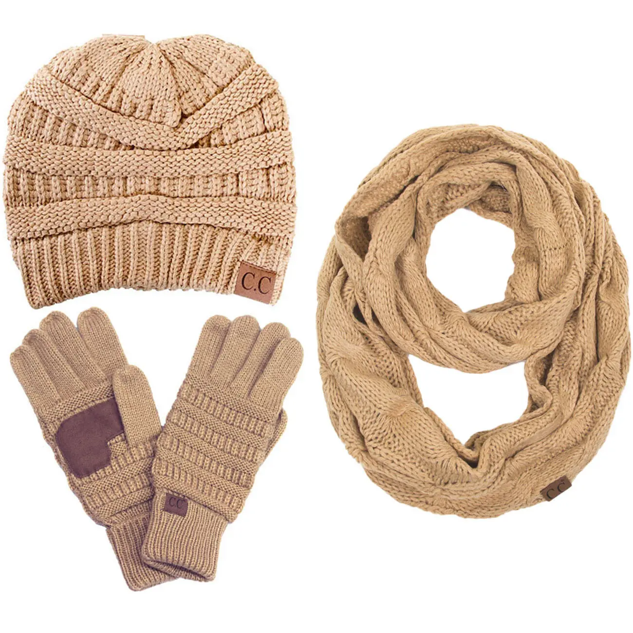 C.C 3pcs Set classic solid color cable knit beanie, glove and scarf  Winter