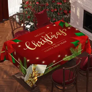 Christmas Tablecloth with Pine Needles and Christmas Flower Design, Indoor Outdoor Decoration, Holiday Kitchen Dining Room Decor