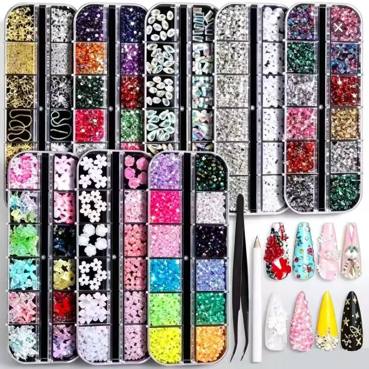 8-Pack Funky Easy-Apply Nail Rhinestones Kit - Flatback Gems, 3D Charms, Y2K Accents, Multi-Shape Pearls, Colorful Clear Jewels for Nail Art & Casual Supplies