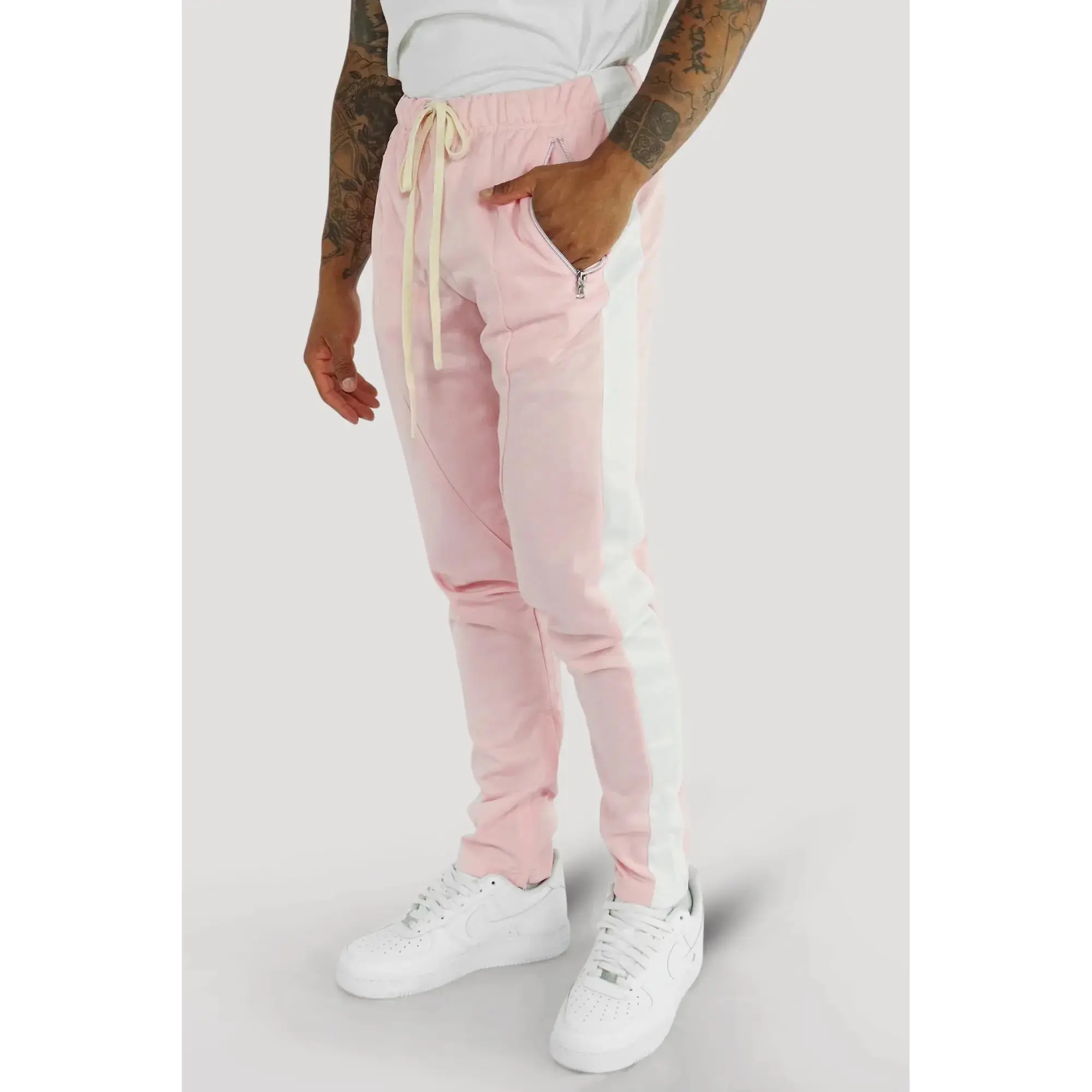 Premium Side Stripe Zip Pocket Track Pants (Pink - White)