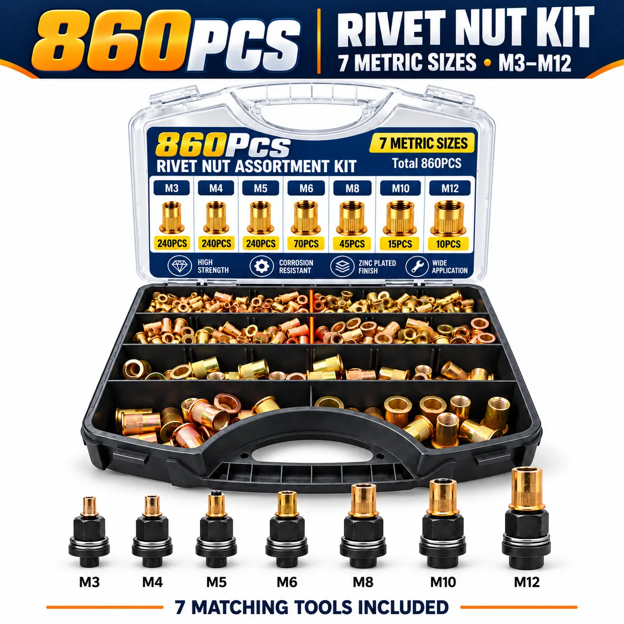 860PCS Rivnut Kit – 7 Sizes M3-M12 Threaded Insert Nuts with Organizer Box, Durable Rivnuts for Auto Repair, Furniture & DIY