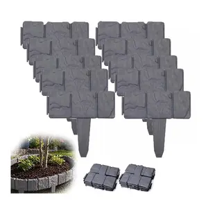 10PCS Imitation Stone Garden Fence Plastic RetainingEdging Border Grey Cobbled Effect LandscapeDecor Interlocking Decorative Panels FlowerBed Path Lawn Outdoor Picket Yard GrassEdge