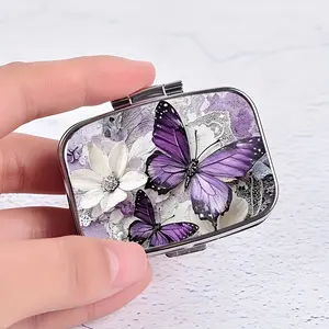 Vintage Floral Design Butterflies & Flowers Pill Case, Portable Rectangular Plastic Pill Box with Mirror & 2 Compartments, Supplement Organizer, Vitamin Organizer