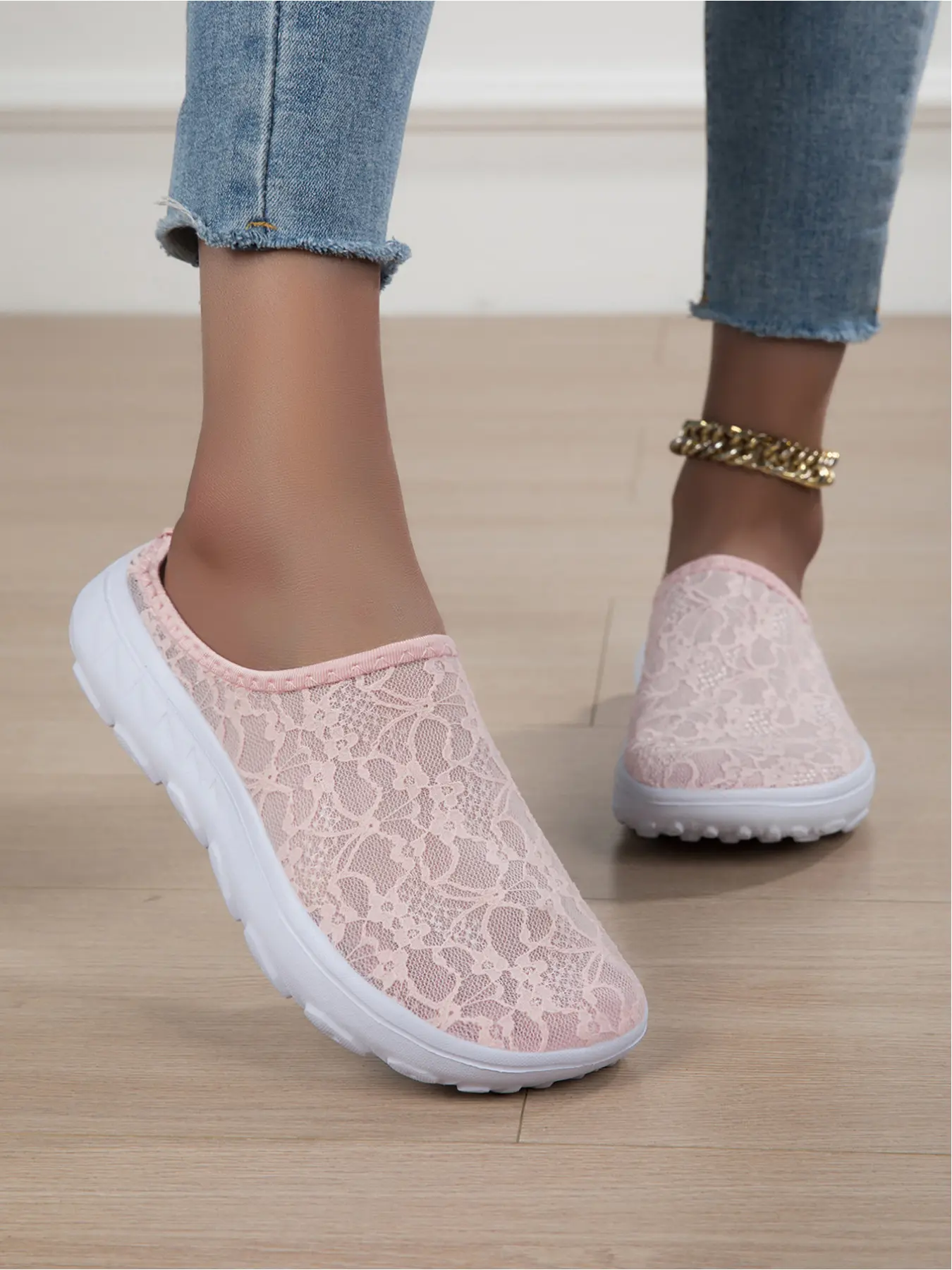 Women's Pink Lace Mesh Mules, Breathable Slip-on Clogs, Soft Sole Casual Slippers for Summer Clog Shoes
