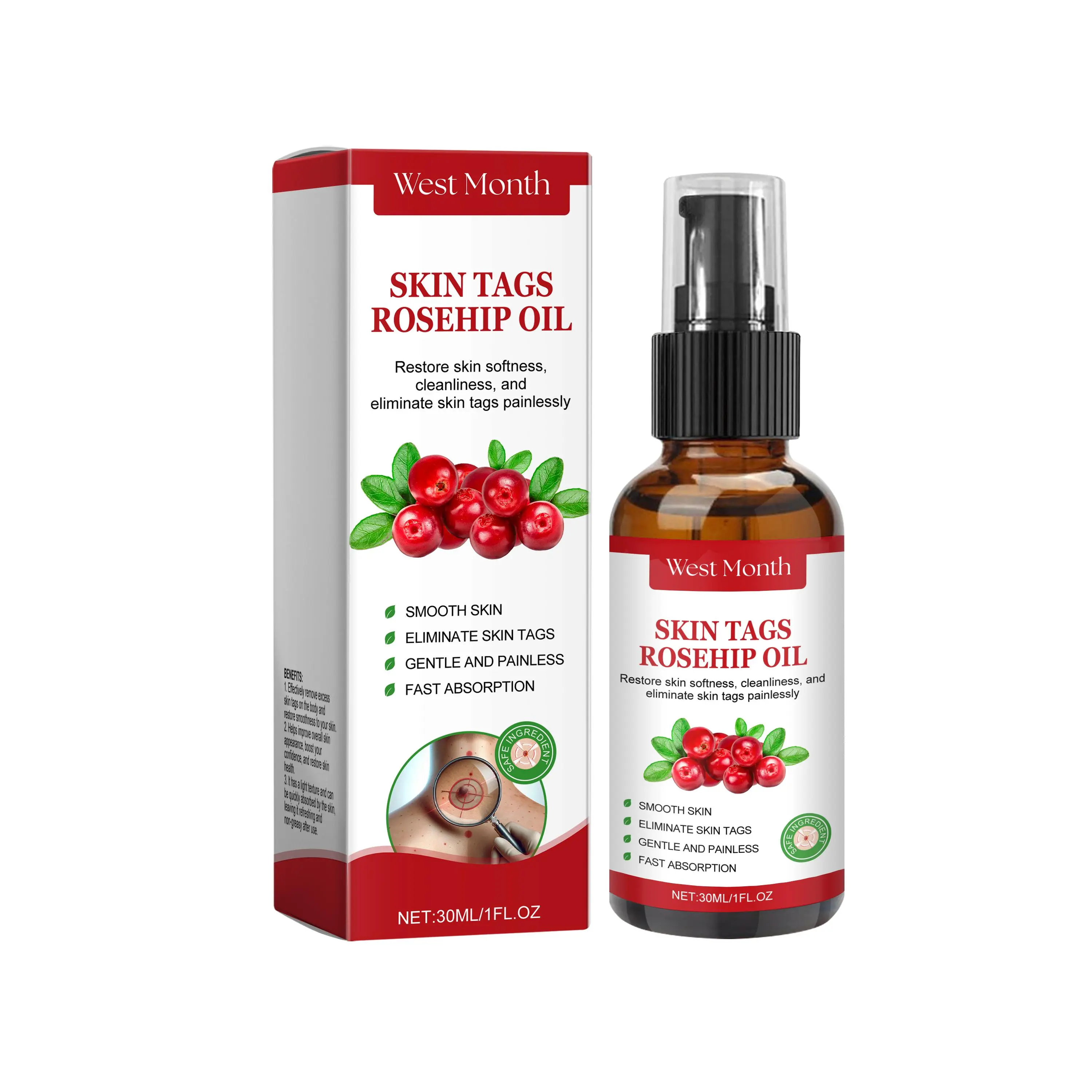West Month Rose Hip Seed Wart Essential Oil, Fading Skin Flesh Granules Moisturizing Repair Smooth Skin